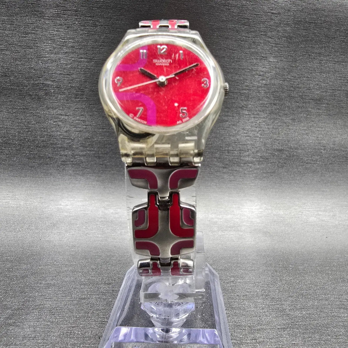 Swatch Vida Circular Watch Women 25mm Red Dial Clear Case CK244G New Battery5