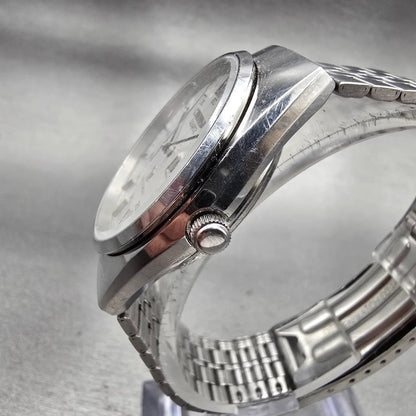 Citizen Crystron Watch Men 35mm Silver Dial Silver Tone Daydate 4-730585 New Bat2