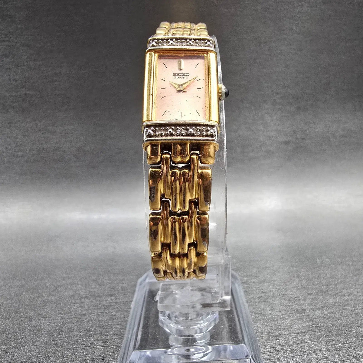 Seiko Watch Women 14mm Pink Dial Gold Tone Gemmed Rectangle 2E20-7191 New Batt5