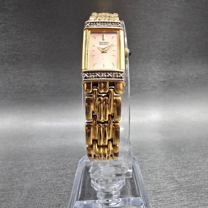 Seiko Watch Women 14mm Pink Dial Gold Tone Gemmed Rectangle 2E20-7191 New Batt5