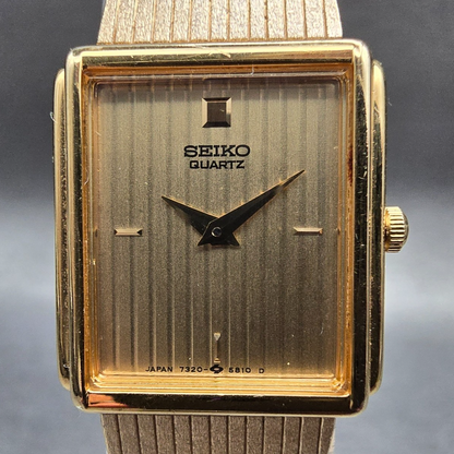 Seiko Tank Watch Women 17mm Gold Dial Gold Tone Rectangle 7320-5479 New Batt VTG1