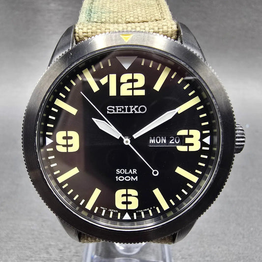 Seiko Solar Watch Men 43mm Black Dial Black Tone Daydate Round V158-0AR0 Runs0