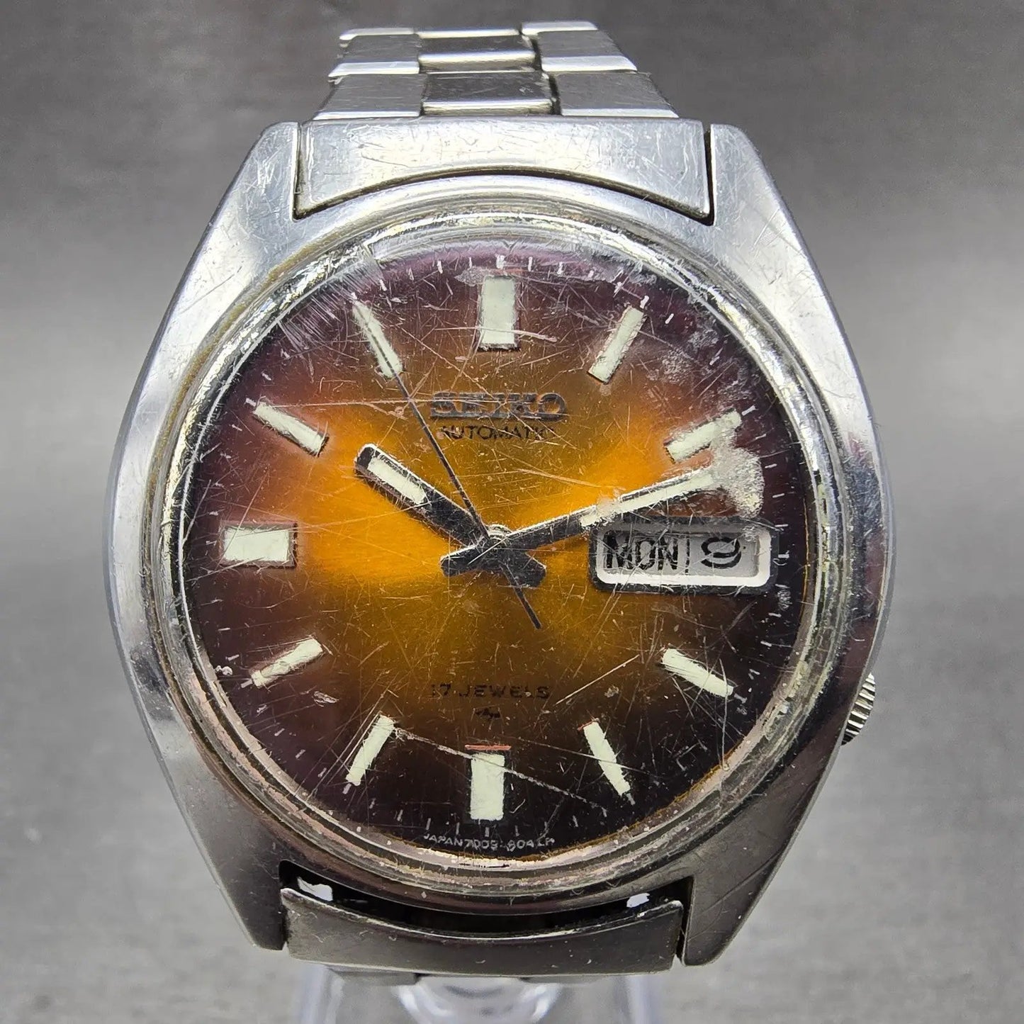 Seiko Automatic Watch Men 38mm Brown Dial Silver Tone Daydate 7009-8049 PARTS0