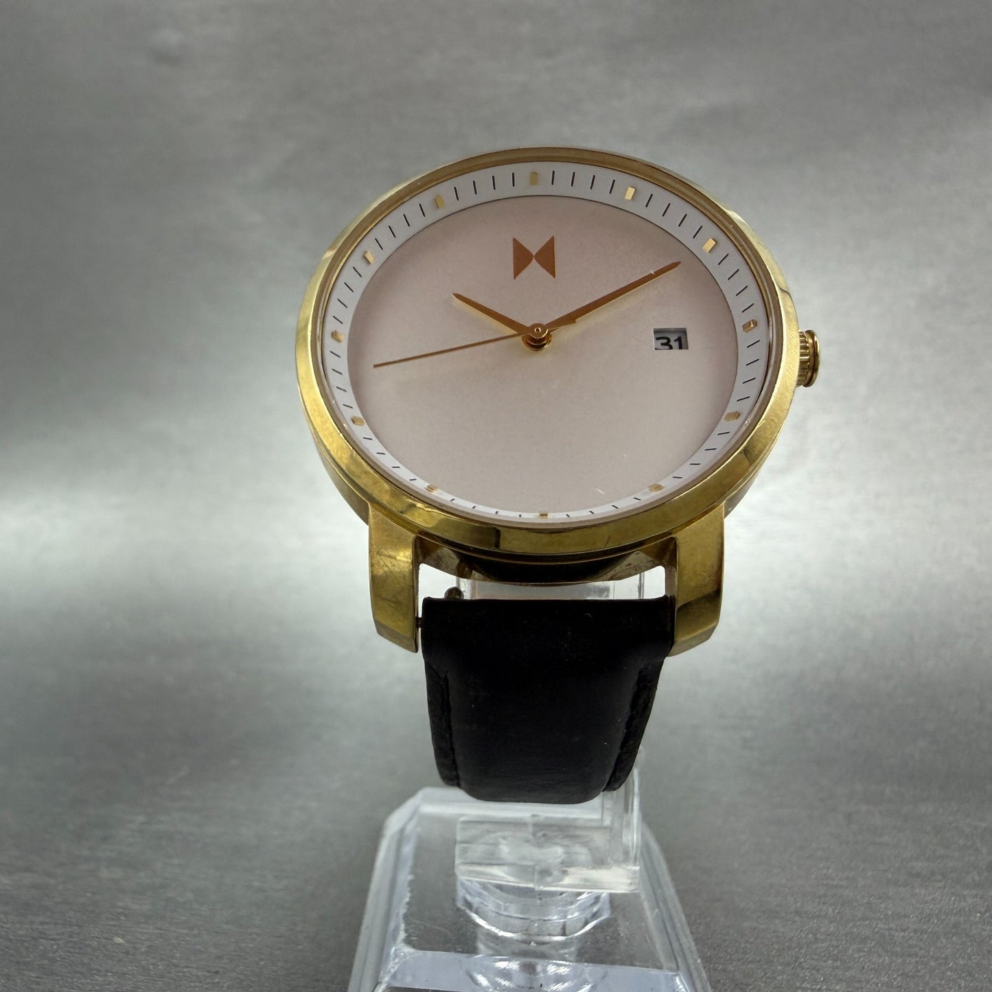 MVMT Boulevard Watch Women 38mm White Dial Gold Tone Date Leather New Battery AB5