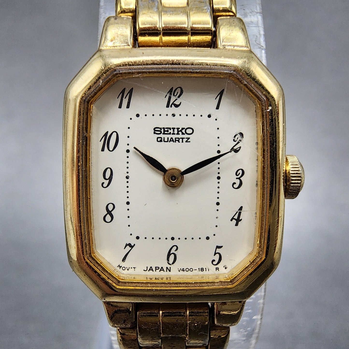 Seiko Tank Watch Women 17mm Cream Dial Gold Tone Rectangle V4005608 New Battery1
