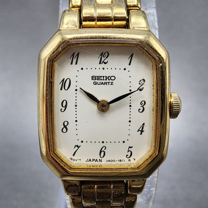 Seiko Tank Watch Women 17mm Cream Dial Gold Tone Rectangle V4005608 New Battery1
