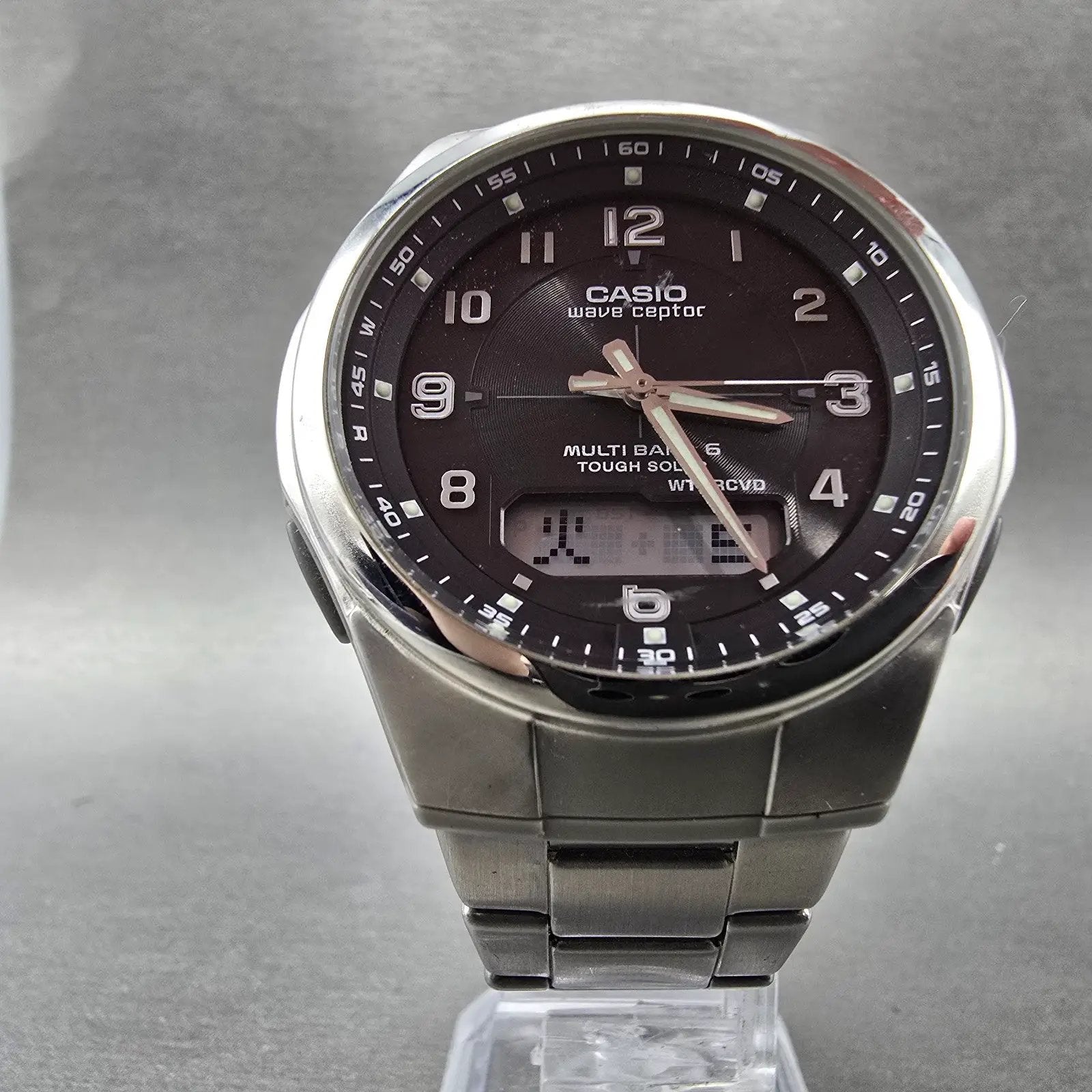 Casio Wave Ceptor  Watch Men 42mm Black Dial Steel Analog Digital Solar Runs R4