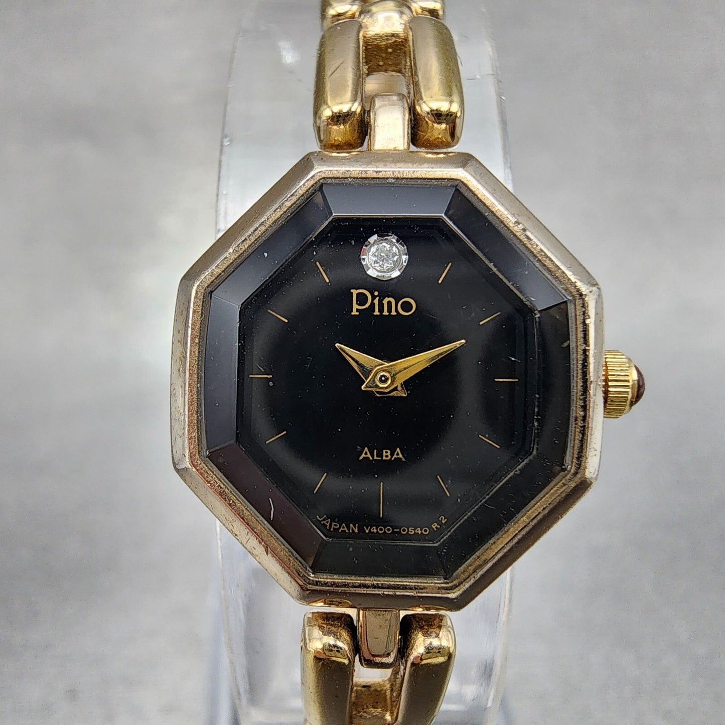 Seiko Alba Pino Watch Women 19mm Black Dial Gold Tone Octagon V4005160 New Batt1