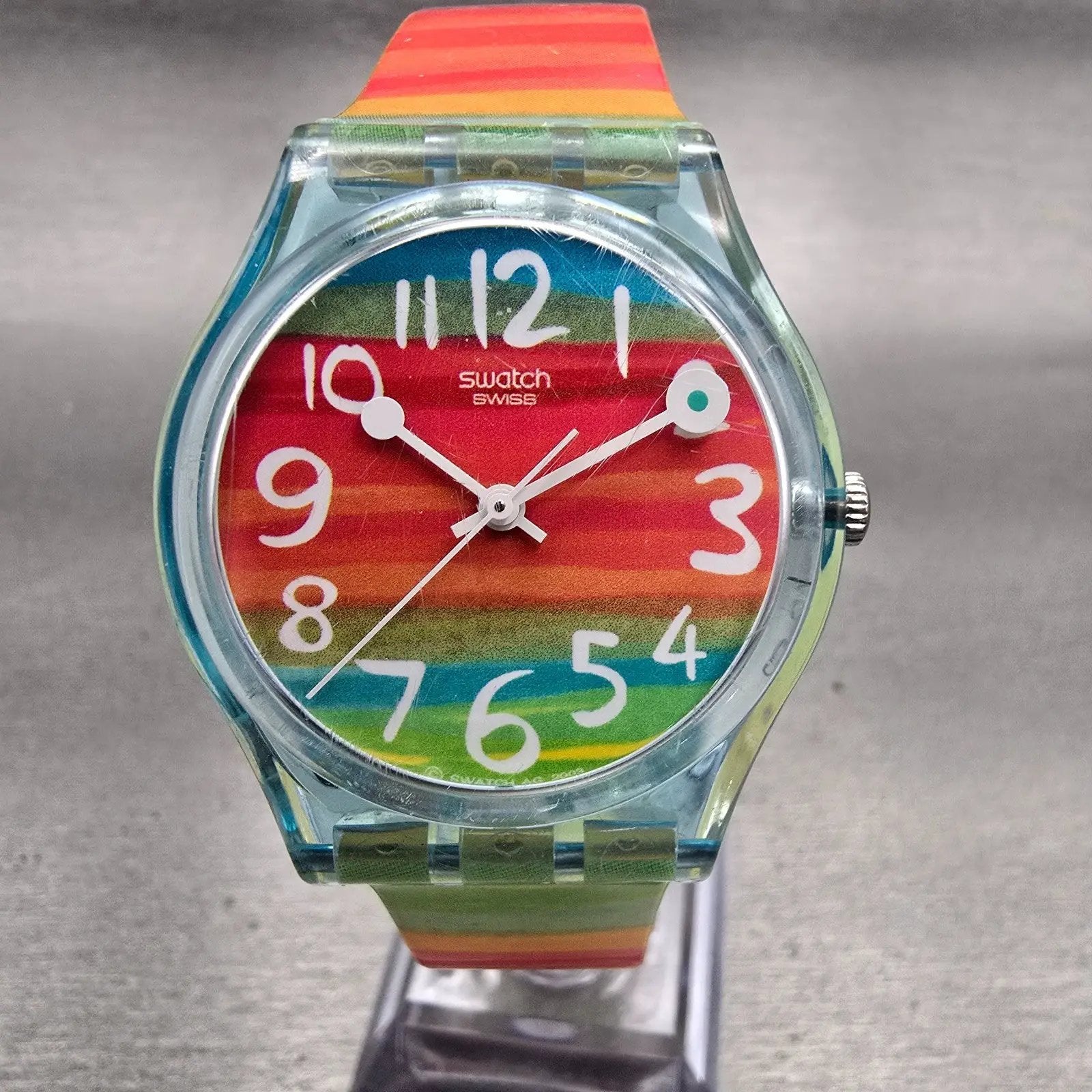 Swatch COLOR THE SKY Watch Women Multicolor Dial Blue Case GS124 New Battery0