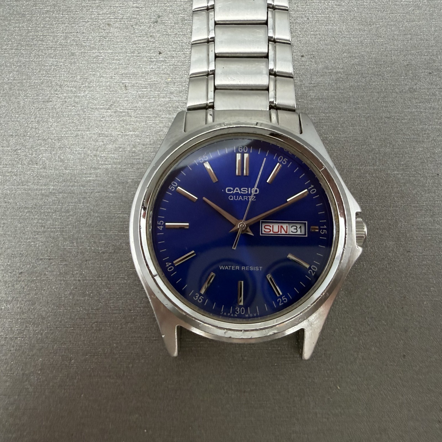 Casio Watch Men 37mm Blue Dial Silver Tone Daydate MTP1239DJ New Battery0