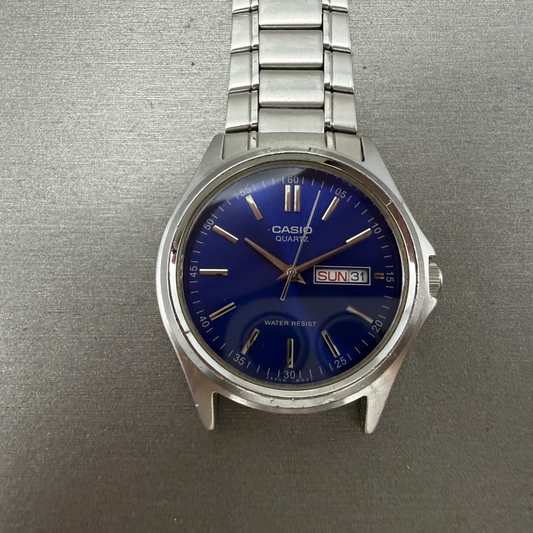 Casio Watch Men 37mm Blue Dial Silver Tone Daydate MTP1239DJ New Battery0