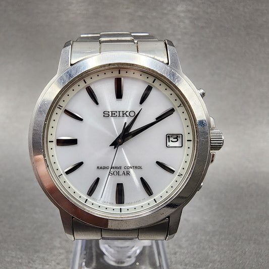 Seiko Solar Watch Men 38mm White Dial Silver Tone Date 7b52-0af0 Runs