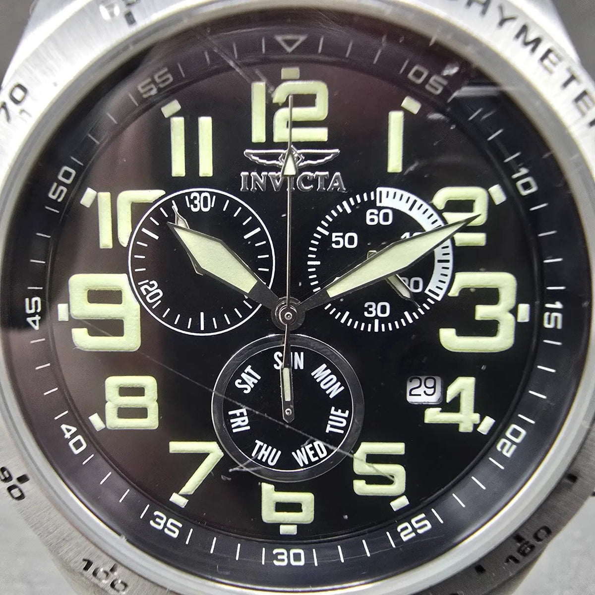 Invicta Chronograph Watch Men 44mm Black Dial Steel Daydate Round New Battery1