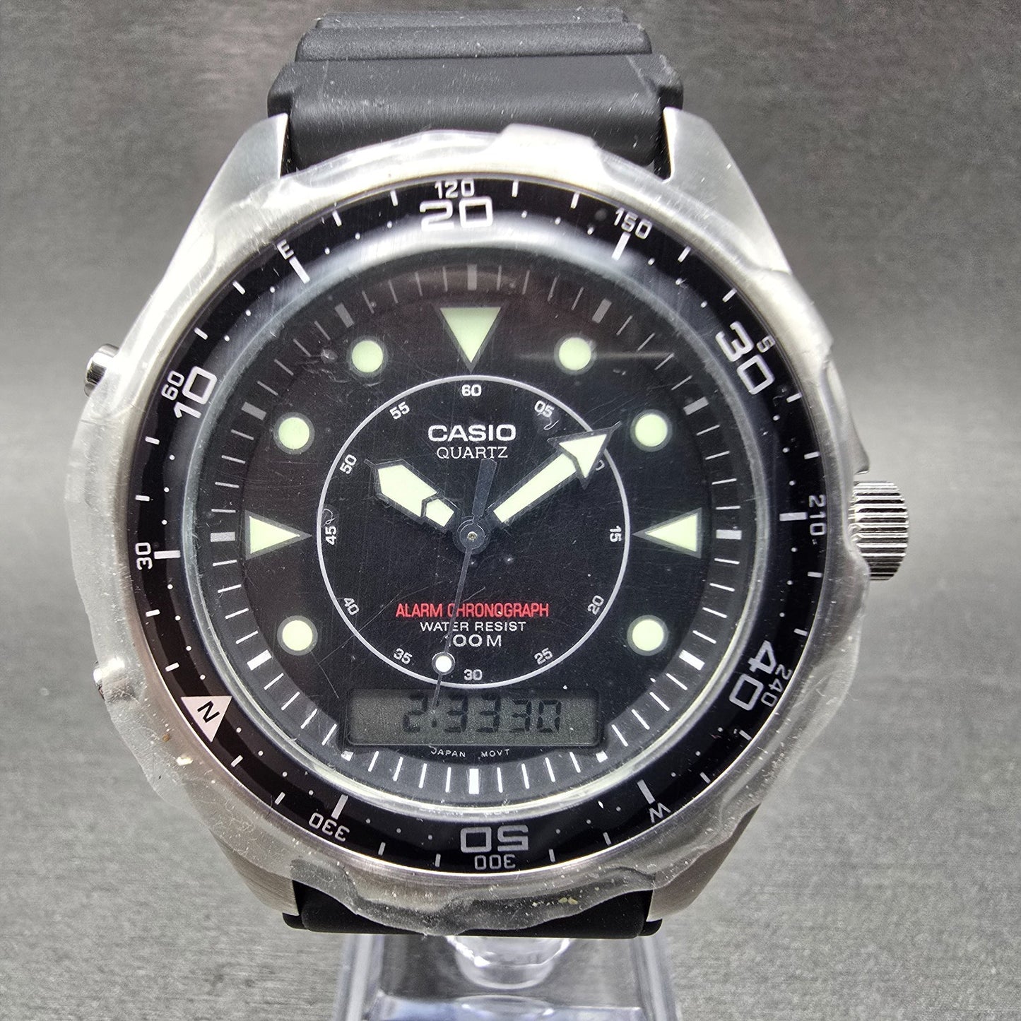 Casio Arine Watch Men 45mm Black Dial Silver Tone Alarm AMW-320R New Batt NOS0