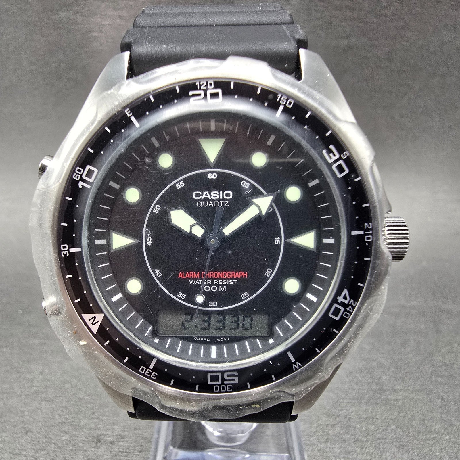 Casio Arine Watch Men 45mm Black Dial Silver Tone Alarm AMW-320R New Batt NOS0