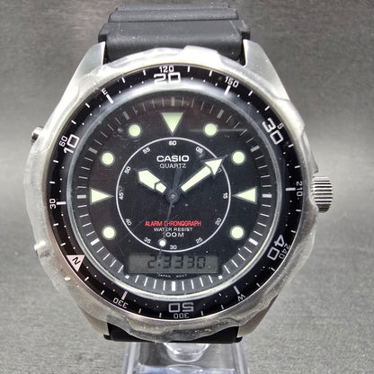Casio Arine Watch Men 45mm Black Dial Silver Tone Alarm AMW-320R New Batt NOS0