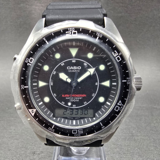 Casio Arine Watch Men 45mm Black Dial Silver Tone Alarm AMW-320R New Batt NOS0
