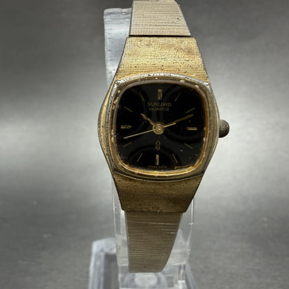 Sunlord Watch Women 19mm Black Dial Gold Tone Rectangle New battery Vintage0