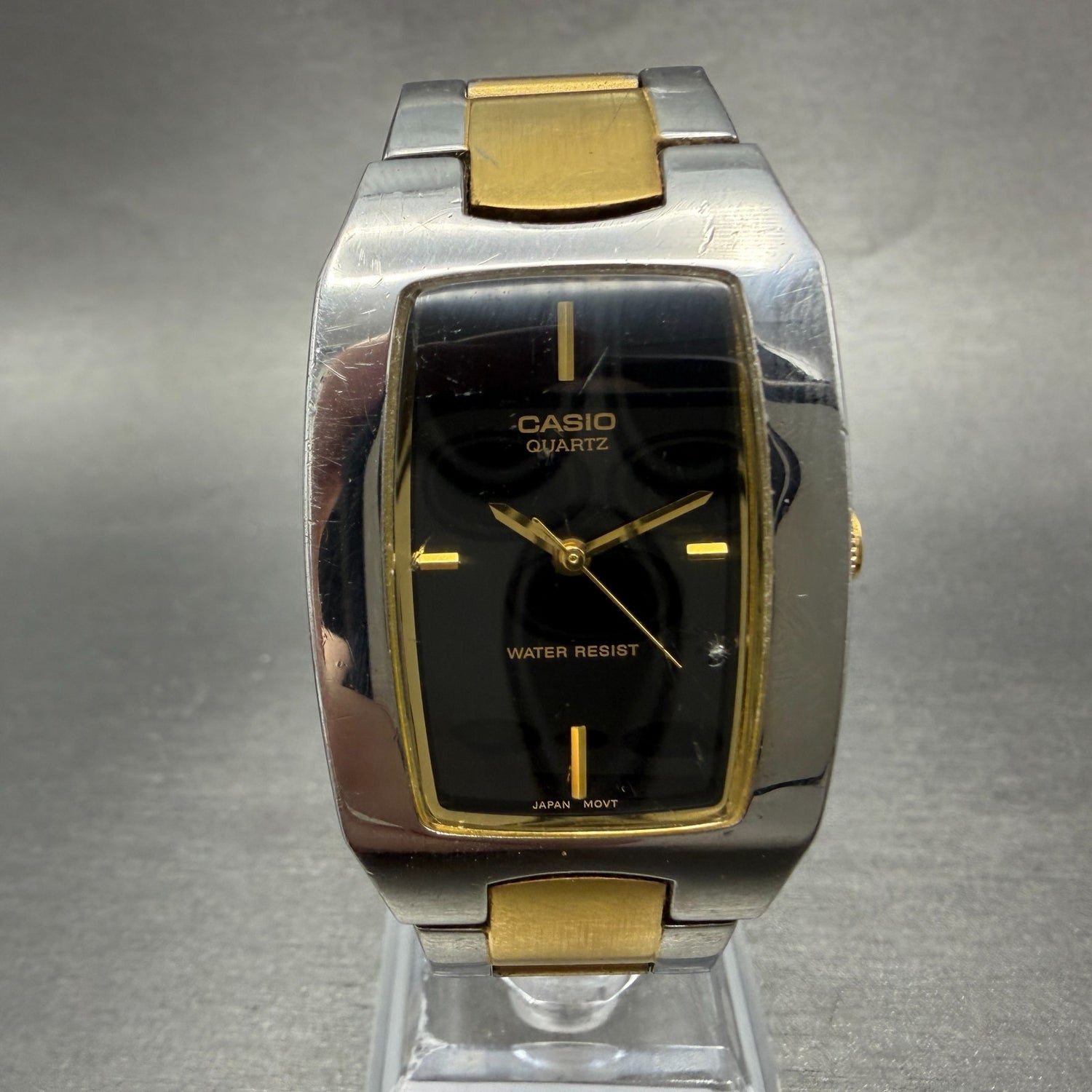 Casio Tank Watch Men 27mm Black Dial Two Tone Rectangle MTP-1165 New Battery0