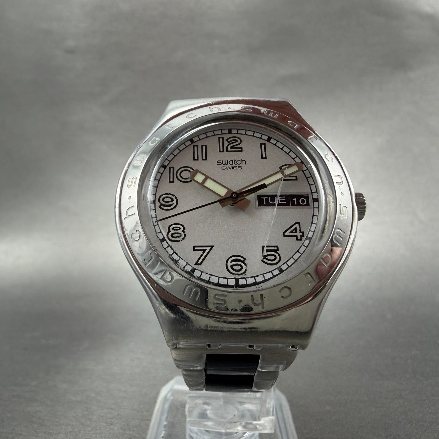 Swatch Irony Big Casse-Cou Watch Men 38mm Silver Dial Steel Daydate CRACK NewBat5