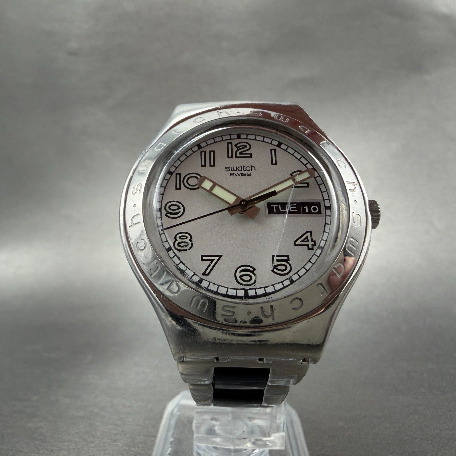 Swatch Irony Big Casse-Cou Watch Men 38mm Silver Dial Steel Daydate CRACK NewBat5