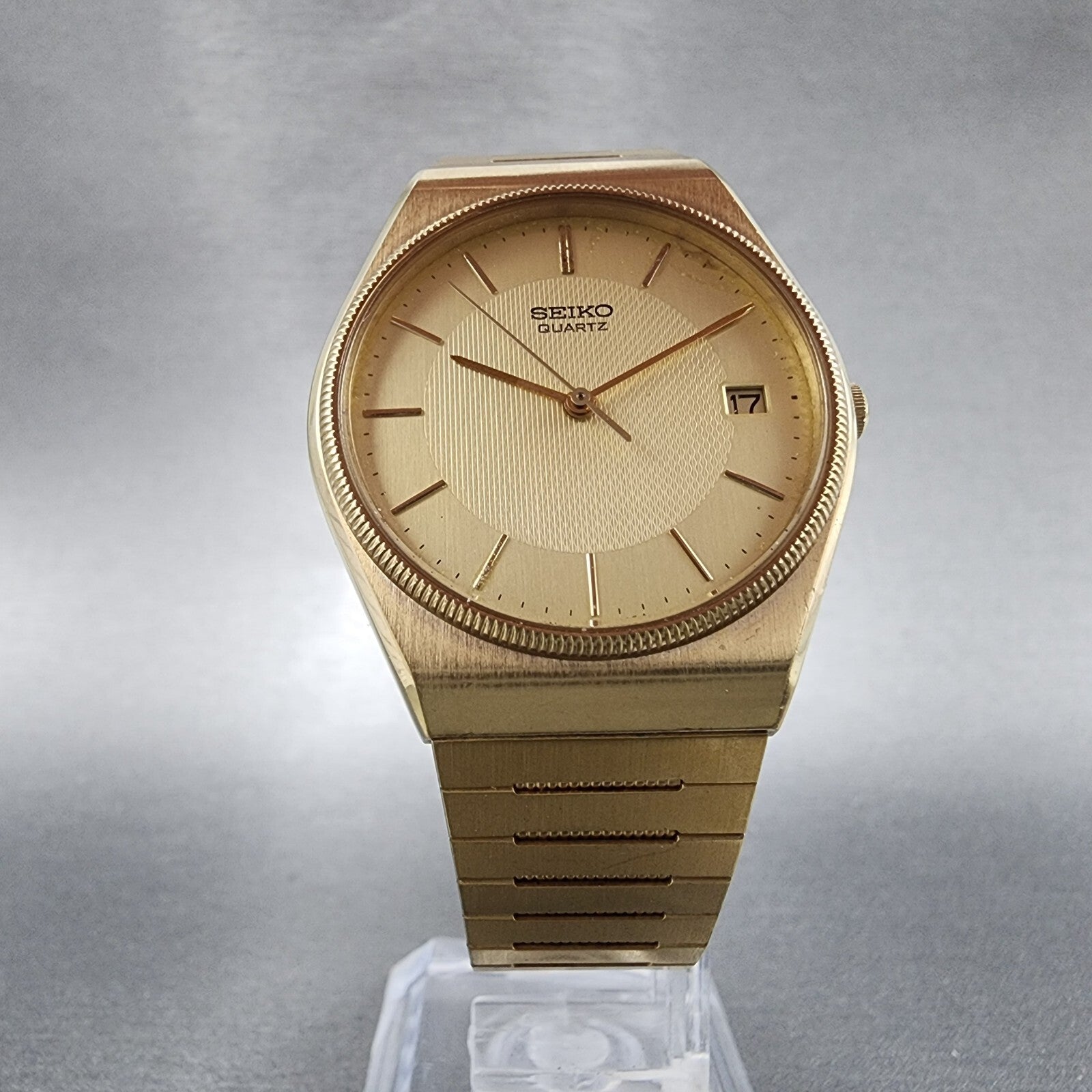 VTG Seiko Watch Men 32mm Gold Dial Gold Tone Date Round 64327019 PARTS6