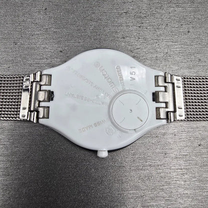 Swatch Skinmesh Watch Men 35mm Silver Dial Mesh Band Round SVOM100M New Battery10