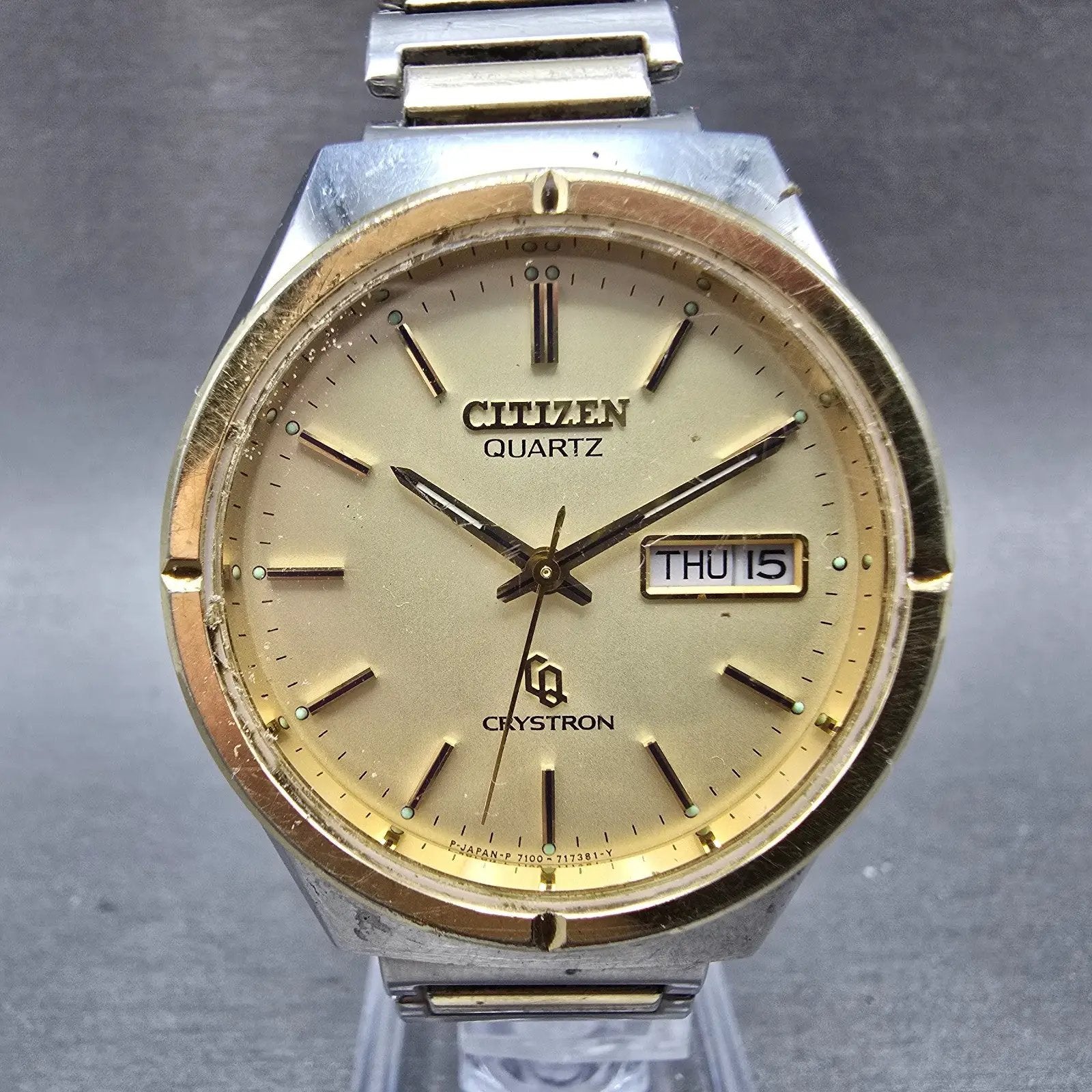Citizen CQ Crystron Watch Men 37mm Champagne Dial Two Tone Daydate 4-732570 PART0