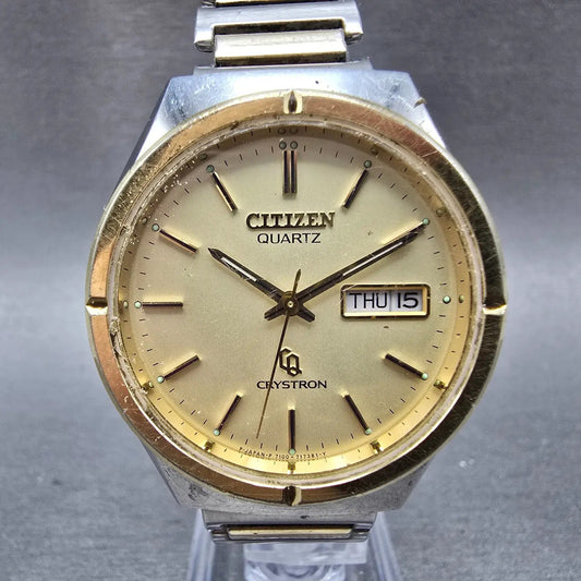 Citizen CQ Crystron Watch Men 37mm Champagne Dial Two Tone Daydate 4-732570 PART0