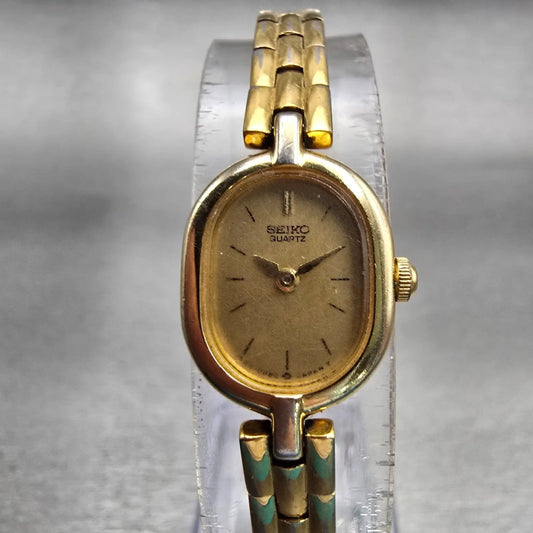 Seiko Watch Women 14mm Gold Dial Gold Tone Oval 1F20-5A49 New Battery Vintage0