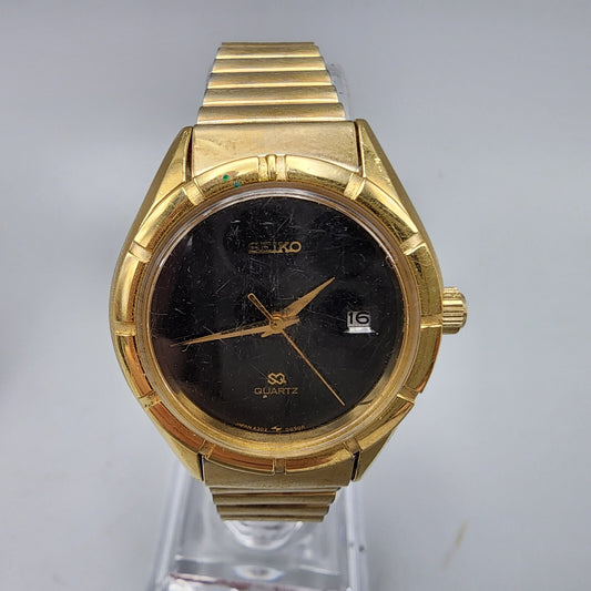 Vintage Seiko SQ Watch Women Gold Tone Black Dial Date 4302-0039 New Battery