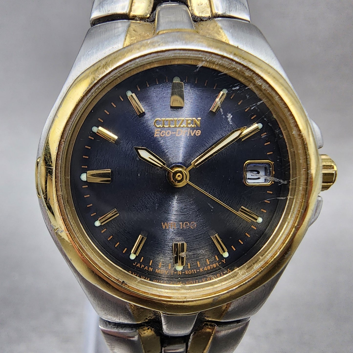Citizen EcoDrive Watch Women 24mm Blue Dial Two Tone Date E011K15711 Runs1