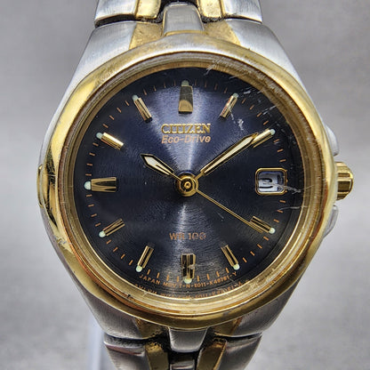 Citizen EcoDrive Watch Women 24mm Blue Dial Two Tone Date E011K15711 Runs1