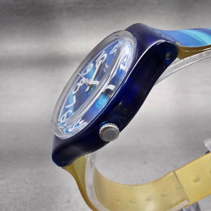 Swatch LINAJOLA Watch Men 34mm Blue Dial Blue Tone Round GN237 New Battery D2