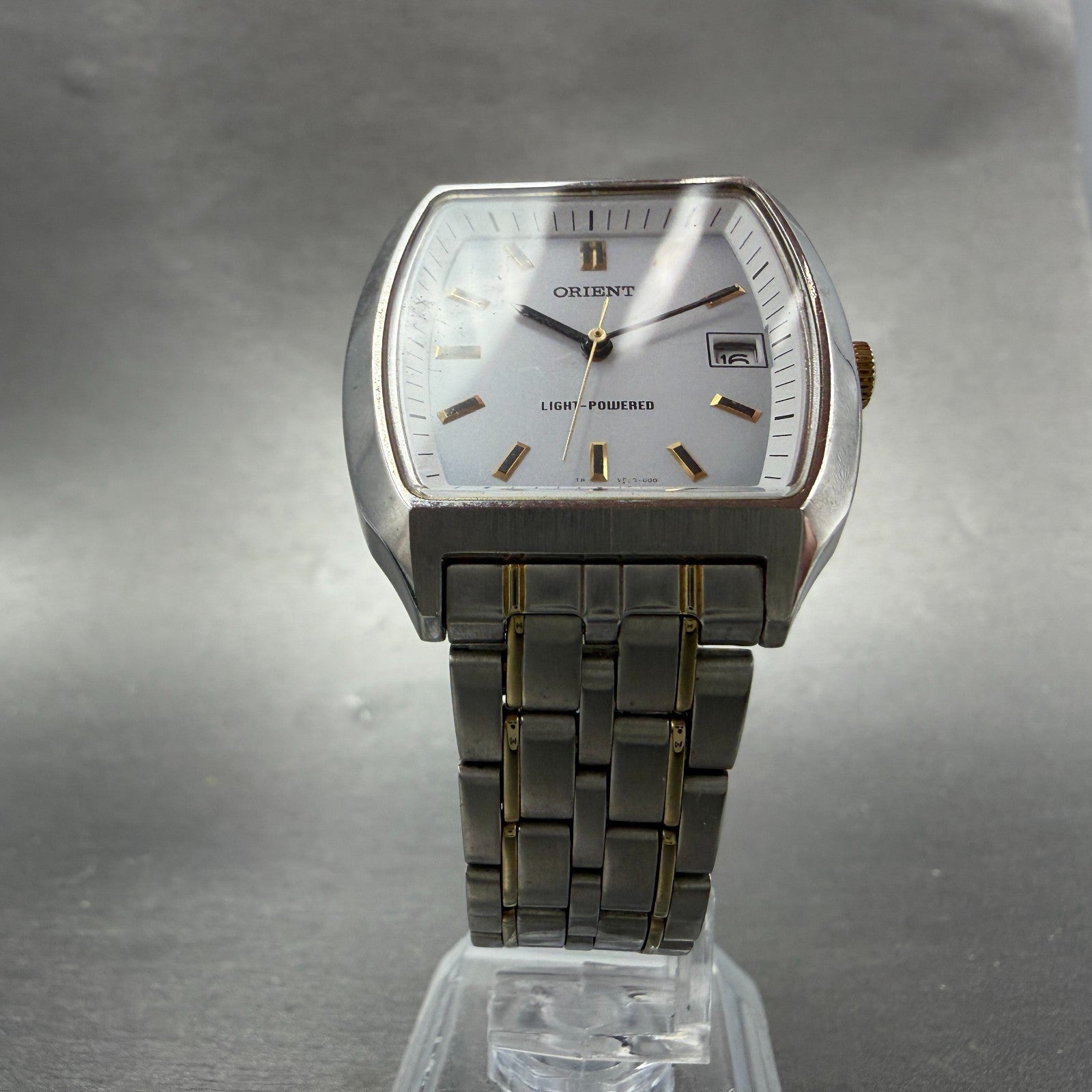 Orient Solar Watch Men 33mm White Dial Two Tone Rectangle Date VDAD-C1 Works5