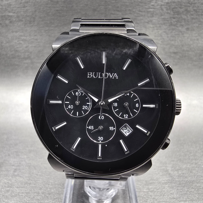Bulova Watch Men 41mm Black Dial Black Tone Chronograph Date 98B215 New Battery0
