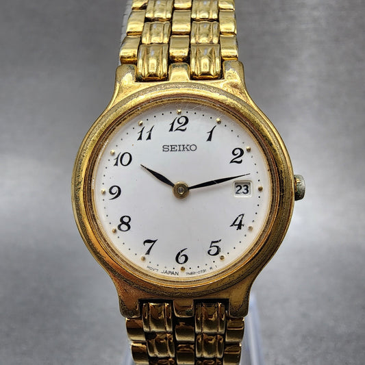 Seiko Watch Women 25mm White Dial Gold Tone Date Round 7n896001 New Battery0