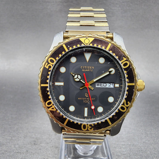Citizen CQ Dive Watch Men 40mm Black Dial Two Tone Daydate Round New Battery