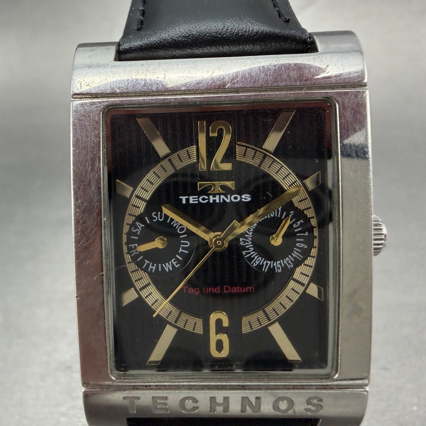 Technos Watch Men 32mm Black Dial Two Tone Daydate Rectangle T2046 New Battery1