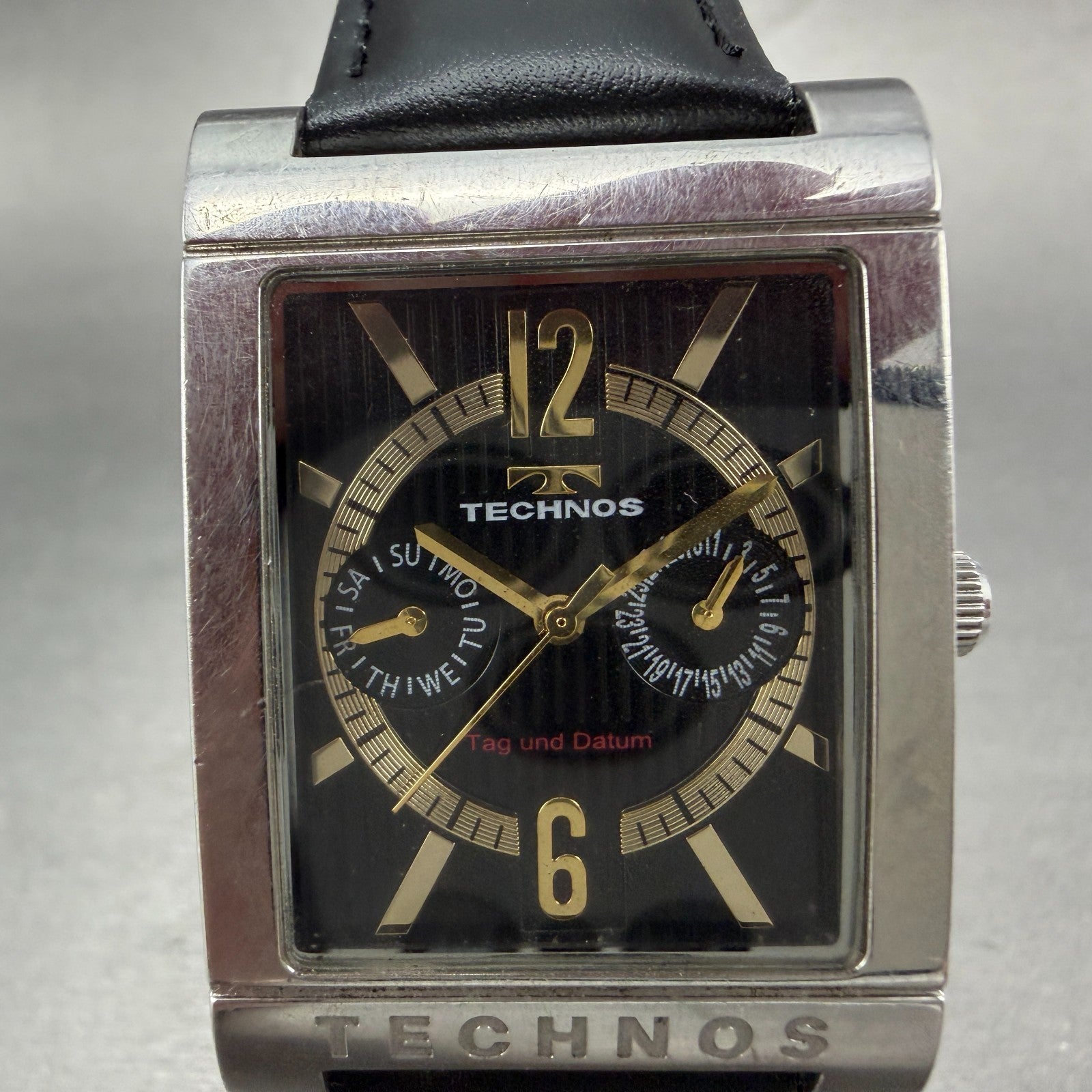 Technos Watch Men 32mm Black Dial Two Tone Daydate Rectangle T2046 New Battery1