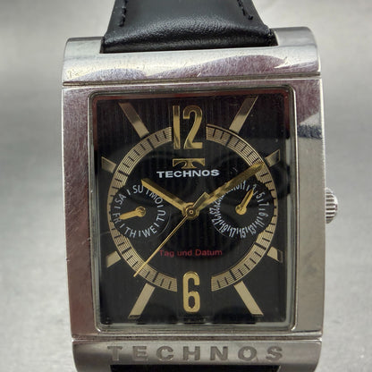 Technos Watch Men 32mm Black Dial Two Tone Daydate Rectangle T2046 New Battery1