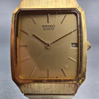 Seiko Watch Men 27mm Gold Dial Gold Tone Date Rectangle 6539-5060 New Battery1