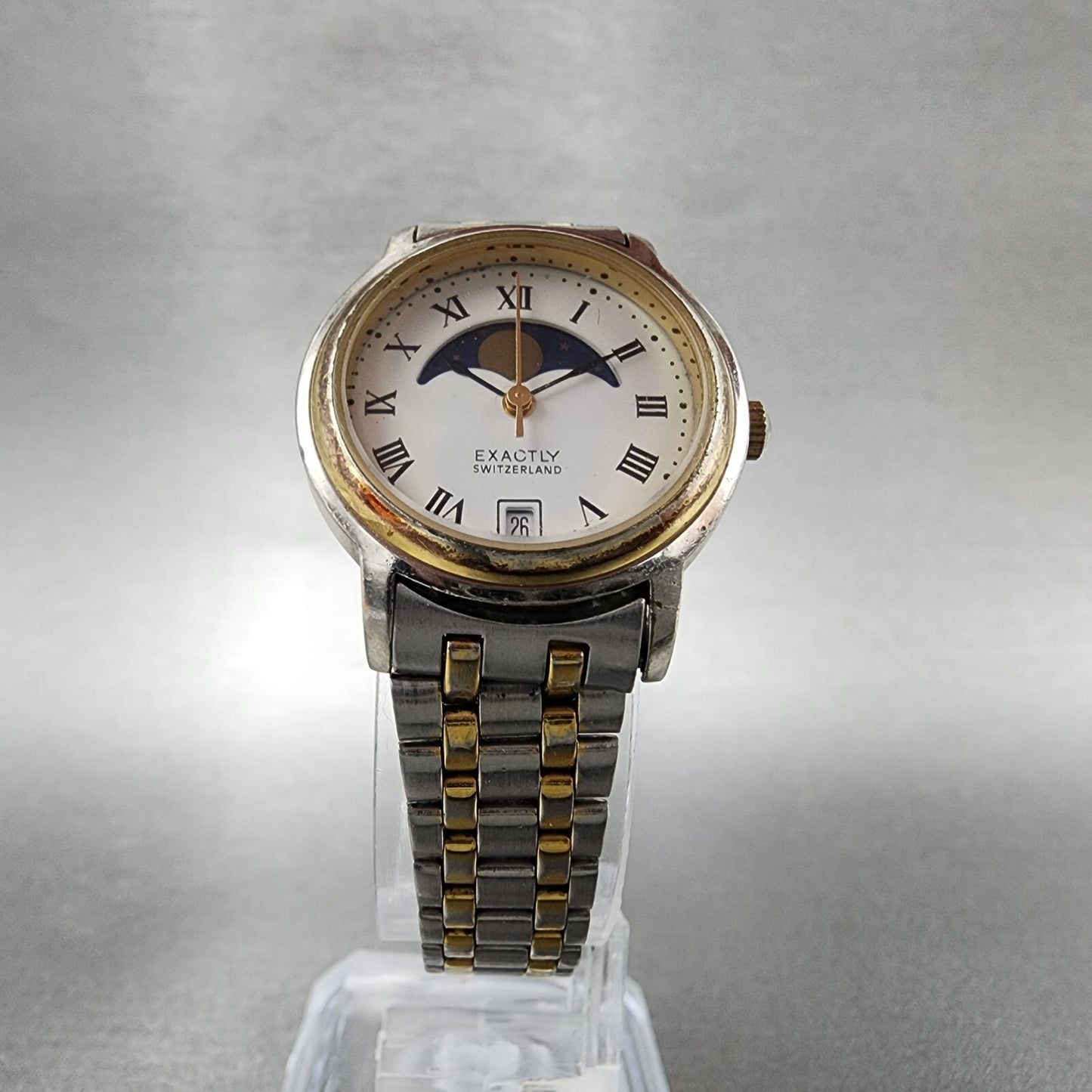 Exactly Moonphase Watch Women 26mm White Dial Two Tone Date Round New Battery5
