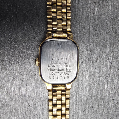 Seiko Watch Women 17mm Gold Dial Gold Tone Rectangle V400-5608 New Battery VTG10