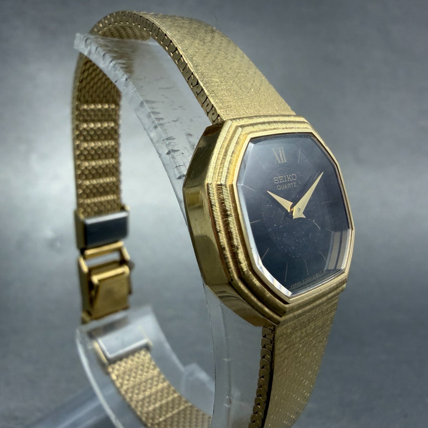 Seiko Watch Women 21mm Black Dial Gold Tone Octagon 2320-6110 New Battery VTG3
