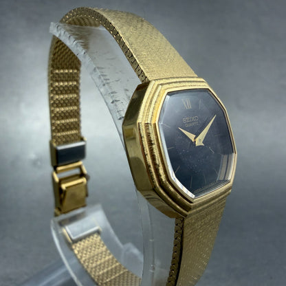 Seiko Watch Women 21mm Black Dial Gold Tone Octagon 2320-6110 New Battery VTG3