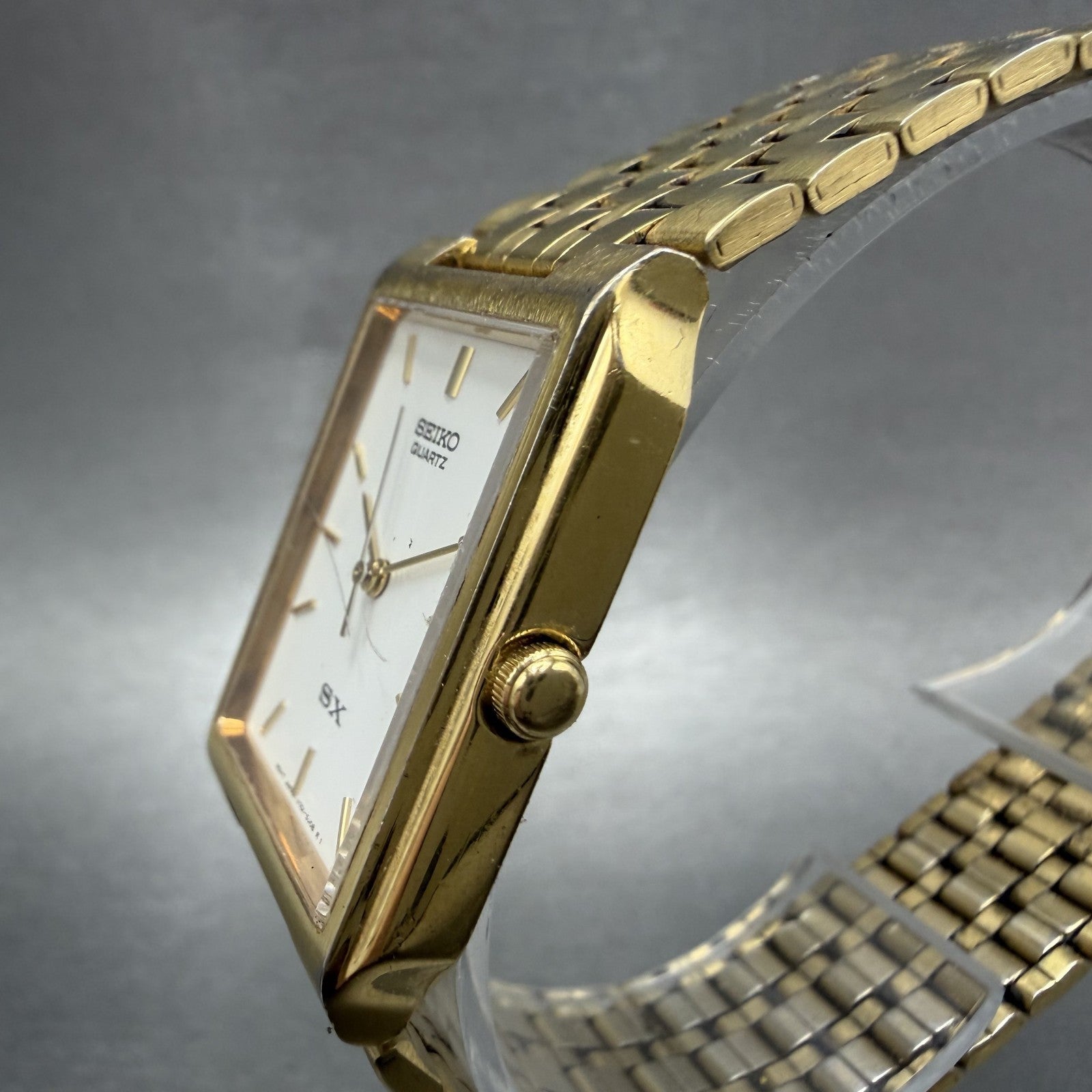 Seiko SX Tank Watch Men 24mm White Dial Gold Tone Rectangle V701-5K40 NewBattery2