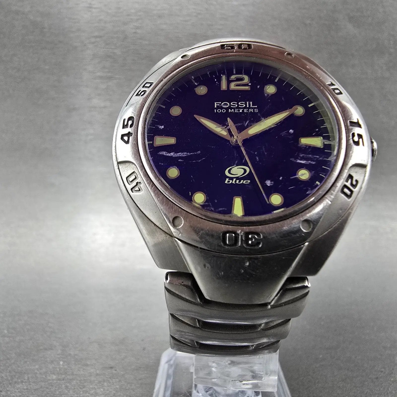 Fossil Blue Dive Watch Men 40mm Blue Dial Silver Tone Round AM-3395 New Battery5