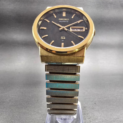 Seiko SQ Watch Men 35mm Black Dial Gold Tone Daydate 7123-8030 New Battery VTG5