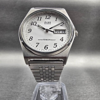 Seiko Alba Watch Men 34mm White Dial Silver Tone Daydate V743-8A10 New Battery H5